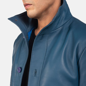 Veste en cuir véritable bleue pour homme, col montant, fermeture à boutons, style décontracté, coupe ajustée, longueur standard, pour l'automne - Product Image 6