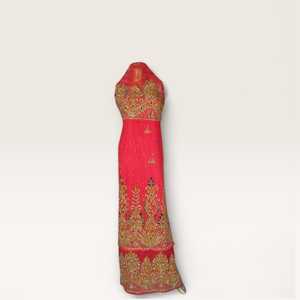 Tela George de Lujo Color Rosa Coral con Cuentas y Bordado de Cristales Dorados para Bodas y Fiestas Nigerianas - Product Image 1