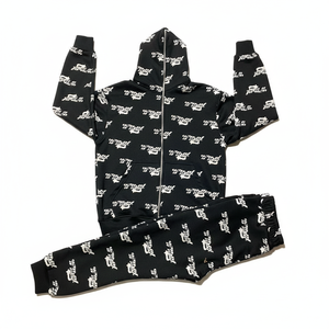 Survêtement d'hiver noir à fermeture éclair intégrale avec motif imprimé lettres blanches, unisexe, décontracté, en coton 100% épais, coupe mi-longue, jambes larges, poches latérales - Product Image 5