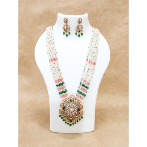 Ensemble de boucles d'oreilles pendantes en argent 925 fait main indien, perles Haar Polki, émeraudes et tourmalines roses, pour mariée - Product Image 1