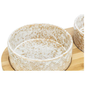 Bols en céramique pour animaux de compagnie avec plateau en bambou blanc et brun clair, lot de 2 pour chiens et chats - Product Image 2
