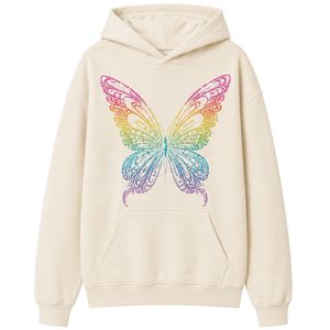 Sweat à capuche personnalisé blanc avec strass papillon arc-en-ciel pour femme, pull oversize en polaire, streetwear décontracté d'hiver - Product Image 1