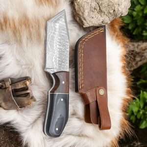 Couteaux de chasse à lame fixe faits à la main avec acier à motif Damas, pointe aiguisée, manche en bois et étui de transport en cuir - Product Image 6