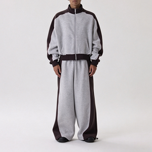 Ensemble de sport décontracté rétro en molleton patchwork pour homme, survêtement en French Terry avec design à empiècements, coupe ample, 100% coton - Product Image 1