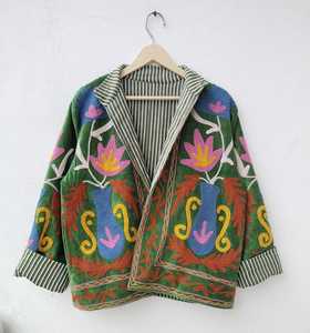 Premium Dynamic Statement Piece <b>Velvet</b> Suzani Embroidered Jacket Flower Vase Boho Short <b>Coat</b> Long Sleeves Mandarin Collar Blazer - Product Image 1