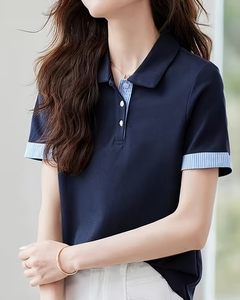 Women's Navy Blue Solid for Shirt Short Sleeve Contrast Trim Casual Eco-Friendly Quick Dry Breathable Regular Length Jersey - Product Image 2