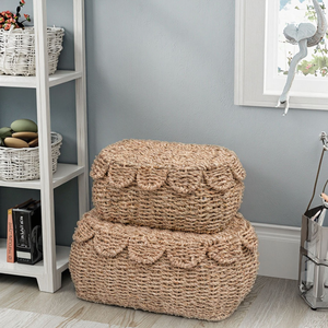 Paniers de rangement vintage en jonc de mer avec couvercles, boîtes organisatrices tressées naturelles à bords festonnés, écologiques - Product Image 2