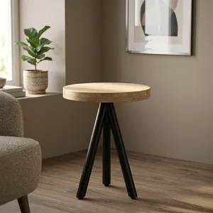 Modern <b>Round</b> Wooden Side <b>Table</b> With Black Metal X Base Minimalist Living Room Furniture Durable Design - Product Image 2