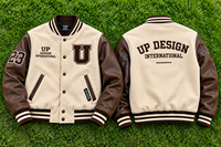 Veste universitaire personnalisée en crème et marron avec manches en cuir, veste de baseball brodée, streetwear universitaire haut de gamme