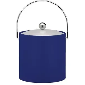 Seau à glace rond moderne en acier inoxydable avec poignée et couvercle argentés, refroidisseur de boissons isolé, couleur bleue - Product Image 1