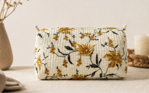 <b>Quilted</b> Cotton Floral <b>Makeup</b> <b>Bag</b> Mustard Printed Cosmetic Pouch Travel Toiletry Organizer Handmade Indian Textile <b>Bag</b> - Product Image 2
