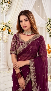 AARA Fashion Purple Embroidered Silk <b>Saree</b> <b>Blouse</b> Women Wedding Traditional Indian Pakistani Style Floor-Length Regular Fit Sun - Product Image 5