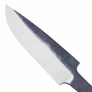 Hoja de cuchillo puntiaguda negra y plateada con borde biselado pulido, acabado texturizado oscuro y espiga delgada para la fabricación de mangos. - Product Image 4