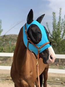 Masque anti-mouches pour chevaux, doux, extensible, protection UV, avec oreilles, couvre-yeux en maille respirante, bleu - Product Image 5