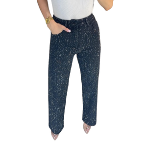 Jeans Rectos de Cintura Alta con Diamantes para Mujer, Pantalones Casuales de Mezclilla, Pantalones Elegantes, Ropa de Calle Moderna, Transpirable, de Algodón - Product Image 1