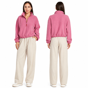 Sudadera rosa de mujer con cremallera de un cuarto, estilo casual, holgada, tipo crop, de forro polar suave, top con media cremallera, moda otoño-invierno - Product Image 2
