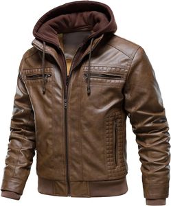 Men Brown PU Leather Moto Biker <b>Jacket</b> Hooded <b>Zipper</b> Front Sherpa Lining Windproof Winter Style Slim Fit Regular Sleeve - Product Image 6