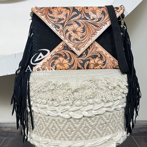 Wholesale Hand Tooled Suede Leather Crossbody Fringe Envelope <b>Bags</b> Western Genuine Leather Floral Carved Bohemian Shoulder Purse - Product Image 1