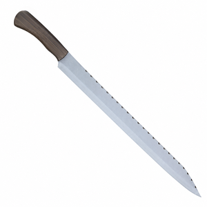 Cuchillo de rebanar de hoja larga dentada plateada con mango de madera de grano oscuro para cortar pan y carne, preparación de alimentos en la cocina - Product Image 3