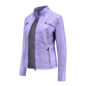 Venta al por mayor OEM/ODM lavanda motorista de cuero de las mujeres Slim Fit acolchado transpirable viscosa Stand Collar cremallera cierre chaquetas personalizadas - Product Image 2