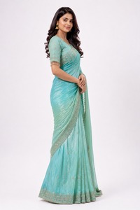 Sari en soie vert menthe brodé, longueur ras du sol, avec dupatta en filet, réversible, tenue de mariage indienne traditionnelle pour femmes - Product Image 2