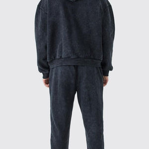 Chándal con Capucha para Hombre, Lavado Oscuro, Algodón, Manga Larga, Color Sólido, Corte Holgado Informal, para Otoño, con Cierre de Cordón Lateral - Product Image 5