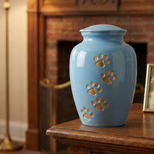 Urne funéraire pour animaux de compagnie bleue avec empreintes de pattes dorées - Toujours en souvenir - Product Image 3