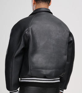 Blouson bomber en cuir PU noir pour homme, col rabattu, fermeture éclair, poignets rayés, veste décontractée - Product Image 2