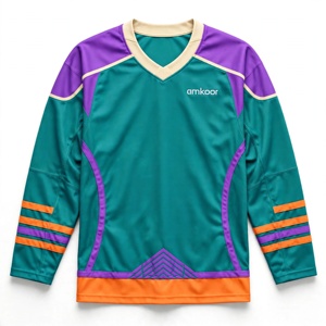 เสื้อฮอกกี้น้ำแข็งผู้ชาย สีตามสั่ง โลโก้ด้านหน้า โพลีเอสเตอร์ แขนยาว ผ้าตาข่าย คอวี ระบายอากาศ ซับเหงื่อ แขนยาวเต็มตัว สำหรับเล่นกีฬา - Product Image 1