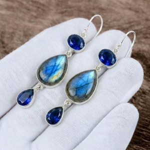 Boucles d'oreilles pendantes en argent sterling 925 massif, serties clos, faites à la main, avec labradorite et saphir, style bohème, pierres précieuses - Product Image 3