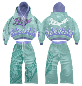 Sudadera con capucha de poliéster/algodón de secado rápido con pedrería personalizada OEM para hombre, estilo oversize, corta, con cremallera, lavado ácido, efecto desgastado, vintage, con doble cinturón. - Product Image 3