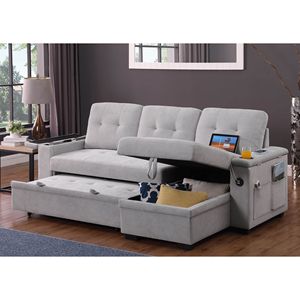 Divano Sezionale Reversibile Ashlyn II 84'' L in Tessuto Grigio Intrecciato con Chaise Longue, Portabicchieri e Porte di Ricarica - Product Image 1