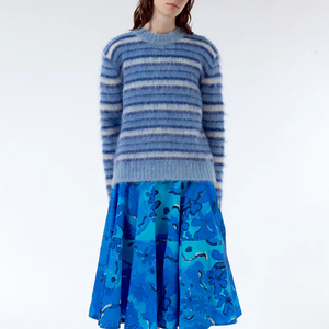 Pull en mohair rayé bleu pour femme, col rond, manches longues, décontracté, mi-long, anti-boulochage, couleur dégradée - Product Image 4
