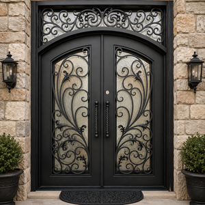 Puertas de Entrada Dobles de Hierro Forjado Personalizadas con Vidrio, Puertas de Seguridad de Lujo para Villas y Casas Residenciales - Product Image 4