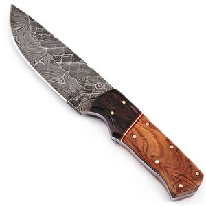 Couteau de chasse artisanal en acier Damas, lame à pointe tombante, manche en bois avec broches dorées, couteaux avec étui en cuir - Product Image 1