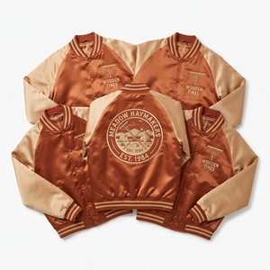 Factory Direct Brown Gold Satin Varsity Jacket Zip Up Custom Embroidered Strake Wheelwright Guild Baseball <b>Coat</b> - Product Image 6