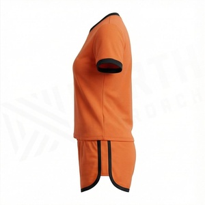 Conjunto Deportivo de 2 Piezas para Mujer, Camiseta de Manga Corta y Pantalones Cortos por Encima de la Rodilla, Cuello Redondo, Secado Rápido, Estampado Geométrico, Color Naranja - Product Image 3