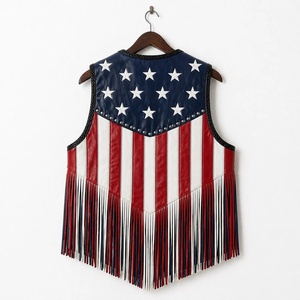 Gilet en cuir pour homme, style drapeau américain, col en V, franges à pompons, style motard, vêtement d'extérieur d'été - Product Image 3