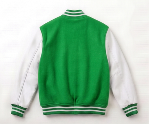 Green <b>White</b> Varsity <b>Jacket</b> <b>Men</b> Casual Zipper Front Solid Color Turn-down Collar Regular Fit Polyester Cotton Outerwear - Product Image 2