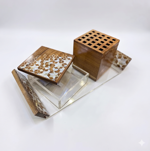 Diseño de grabado de madera de acacia natural Bakhoor Juego de caja de 3 piezas y bandeja para servir Quemador de incienso Calidad elegante de Candid - Product Image 1