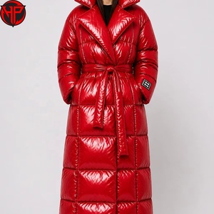 Doudoune longue matelassée effet brillant pour femme, manteau d'hiver thermique ceinturé, vêtement d'extérieur imperméable avec logo personnalisé - Product Image 1