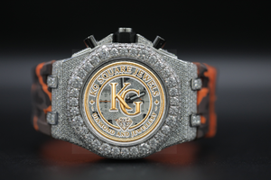 Montre mécanique chronographe avec incrustation de diamants, cadran rond, bracelet orange, lunette sertie de diamants, luxe et mode - Product Image 2
