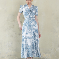 Robe midi élégante pour femme, prête à être expédiée, imprimé floral bleu, manches courtes, tenue de travail, bureau, décontractée, mode, vente en gros