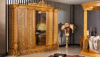 Ensemble de meubles de chambre de luxe capitonnés de style mi-siècle en teck massif antique pour maison, hôtel, appartement, villa, avec lit king-size à baldaquin et armoire