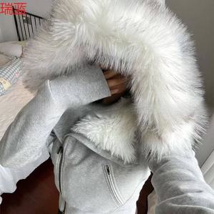 Plus Size Women's Autumn Knitted Velvet Muskrat <b>Fur</b> Lining Cow Suede Elegant Long Sleeve Casual Outwear Solid Textured Single - Product Image 4