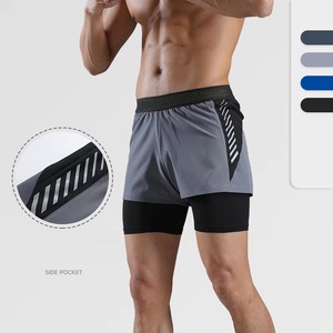 Men's Gray Quick Dry Sport Shorts With Black Inner <b>Layer</b> Elastic Waist <b>Mid</b> Rise Short Shorts Solid Color Knitted Fabric - Product Image 5