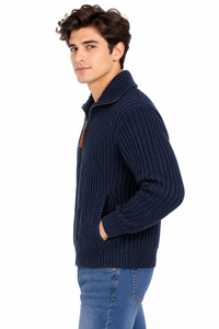 Livster <b>Mens</b> Navy Blue Knitted Full Zip Sweater <b>Jacket</b> With High Ribbed Collar Full Sleeve Winter Pullover Textured Knit Design - Product Image 2