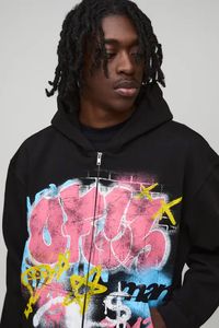 Sweat-shirt à capuche zippé noir pour homme avec imprimé graffiti rose, style streetwear, manches longues, poches latérales, en coton - Product Image 2