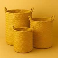 Panier à linge en rotin jaune naturel tissé à la main, organisateur de rangement |   Rangement de vêtements rustique en fibres végétales écologiques