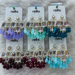 Gold Plated Kundan Stone Dangle <b>Earrings</b> with Beads Elegant <b>Fine</b> Dangle Jewelry - Product Image 1